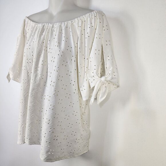 Vince Camuto Top Womens Large White Eyelet Cottagecore Short Slit Sleeve Ties - Picture 5 of 8
